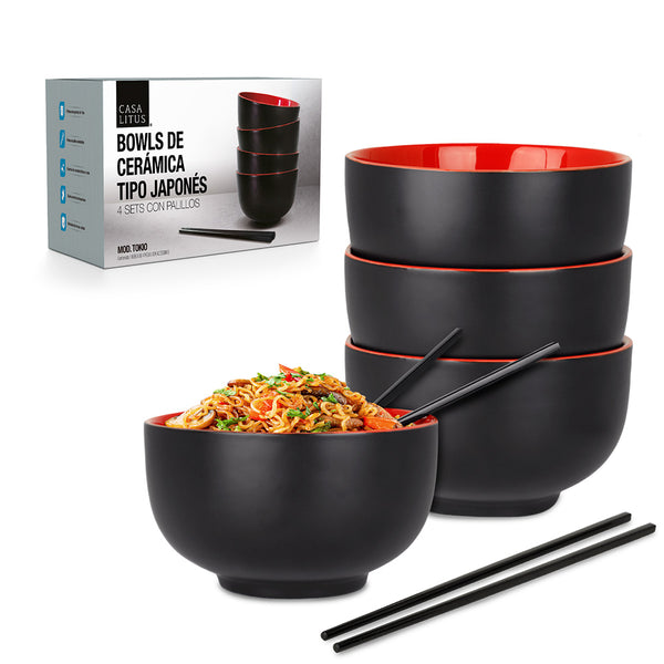 4 Platos Hondos de Cerámica para Ramen Extra Grandes con Palillos Casa Litus