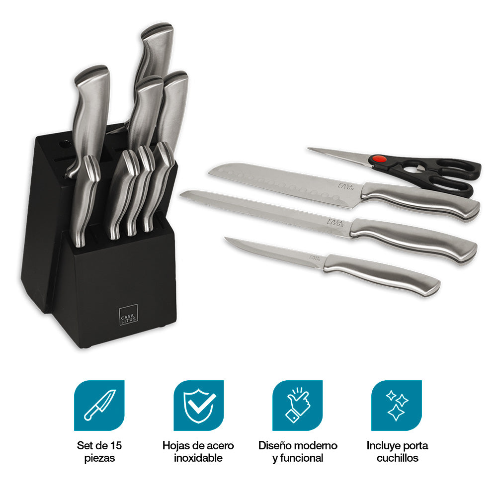 Cuchillos de Cocina de Acero Inoxidable con Base, Afilador y Tijeras 15 Pz Redlemon Technology México