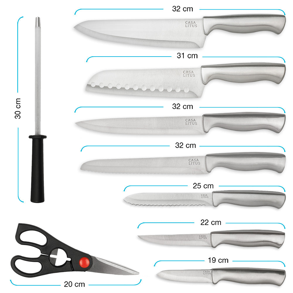 Cuchillos de Cocina de Acero Inoxidable con Base, Afilador y Tijeras 15 Pz Redlemon Technology México