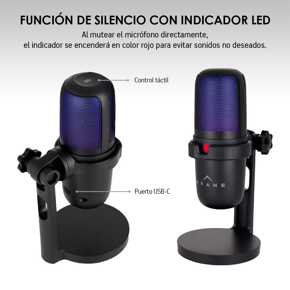 Micrófono Condensador Profesional USB con Filtro Antipop, LED y Base Akane - Redlemon